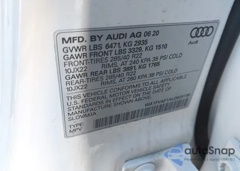 2020 Audi Q8 Prestige 55 Tfsi Quattro Tiptronic из США, поврежденный, VIN WA1FVAF1XLD025108